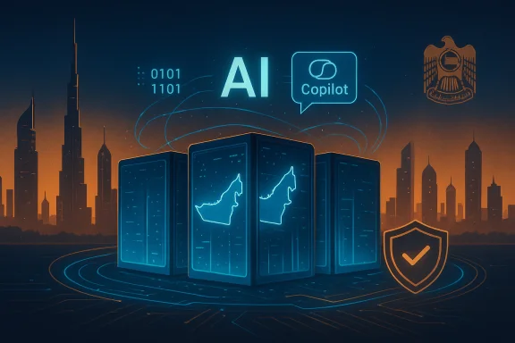Futuristic AI Copilot data center glows blue over a neon city skyline.