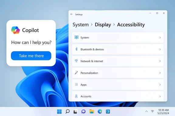 Copilot chat card beside a Windows Settings panel showing System, Bluetooth, Network, and more.
