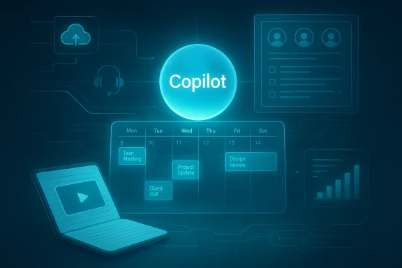 Glowing blue digital dashboard featuring Copilot with a calendar, laptop, and charts.