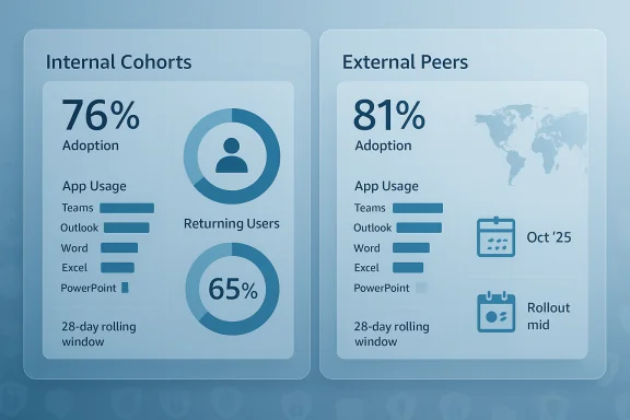 Two side-by-side dashboards compare internal cohorts and external peers, showing adoption, usage, and rollout metrics.