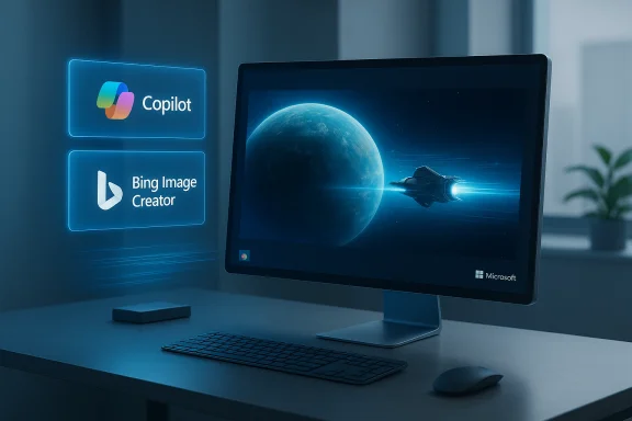 A futuristic workspace with a Microsoft monitor showing a space scene and holographic Copilot and Bing Image Creator.