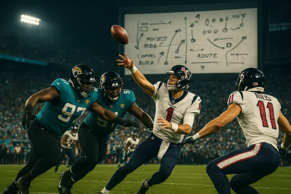 Quarterback in white throws a pass as Jacksonville Jaguars defenders in teal close in.