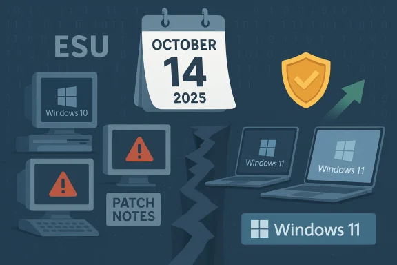 Illustration of Windows ESU and patch updates across Windows 10 and 11, dated Oct 14, 2025.