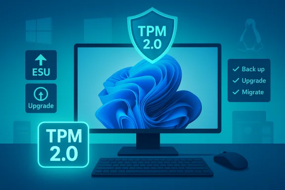 Blue-toned computer setup with a TPM 2.0 security shield and upgrade icons.