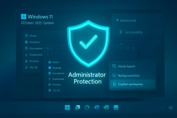Blue-glow Windows 11 security UI with a shield and Administrator Protection label.