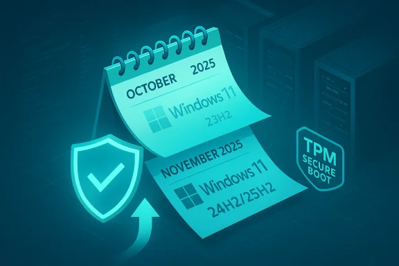 Teal calendar display showing Windows 11 updates for Oct–Nov 2025 with TPM and Secure Boot.