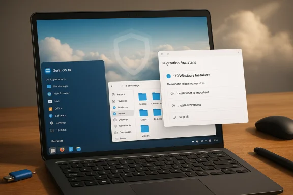 Laptop screen shows a Migration Assistant window listing “170 Windows Installers” on a blue desktop.
