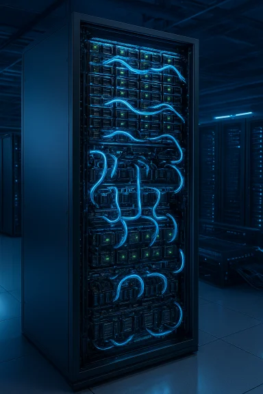 A blue-lit data center server rack with glowing neon cables winding through it.