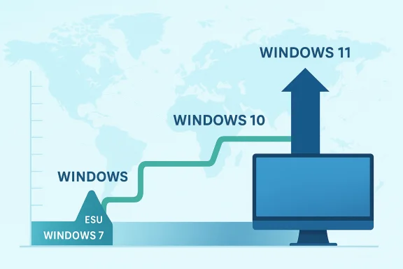 Timeline-style graphic illustrating the upgrade path from Windows 7 to Windows 11.