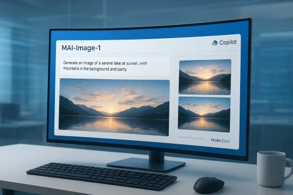 Office monitor shows Copilot MAI interface generating a serene lake at sunset with mountains in the background.
