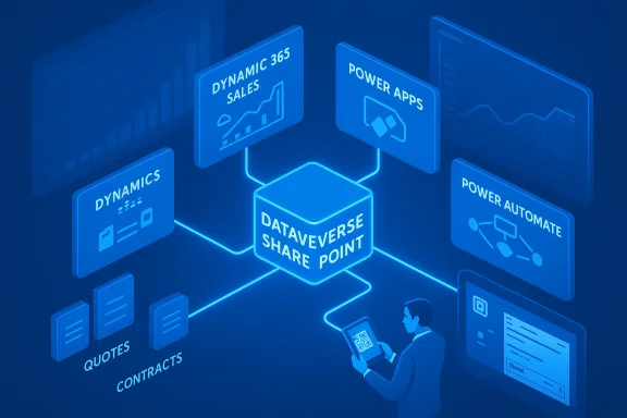 Blue neon data-sharing hub centered on DataVerse Share Point, connecting Dynamics apps like Sales, Power Apps and Automate.