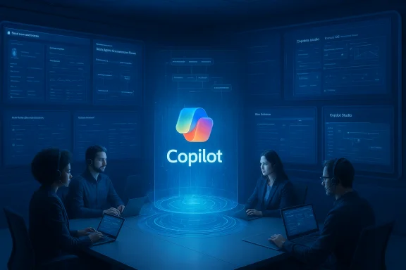 Holographic Copilot logo hovers above a round table as four teammates work on laptops.