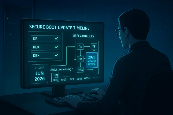 A person at a computer analyzes a glowing blue screen labeled Secure Boot Update Timeline.