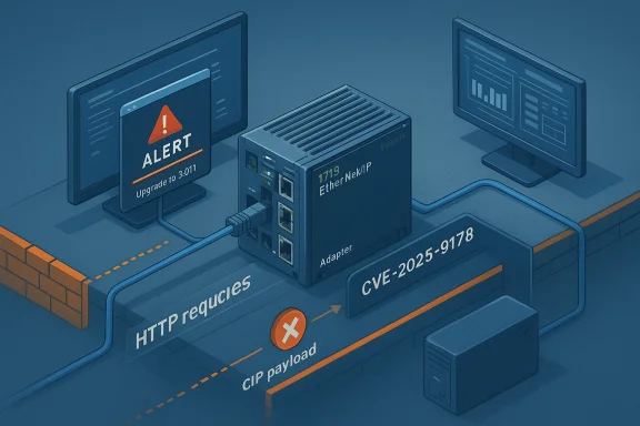 Alert screen shows CVE-2025-9178 exploit against an EtherNet/IP adapter with CIP payload.