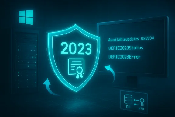 Neon blue shield labeled 2023 with a certificate icon beside a monitor showing UEFIC2023Status and UEFIC2023Error.