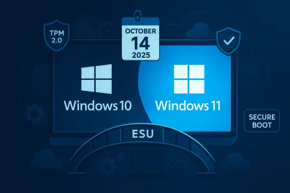 Blue infographic showing Windows 10 and Windows 11 with TPM 2.0, Secure Boot, and Oct 14, 2025.
