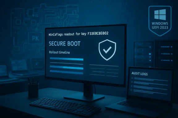 A cybersecurity workstation shows secure boot status and audit logs.