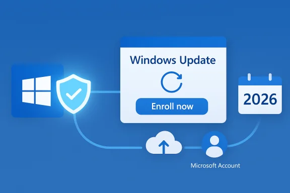 Windows Update enrollment prompt with security shield, cloud upload, and Microsoft account icons.