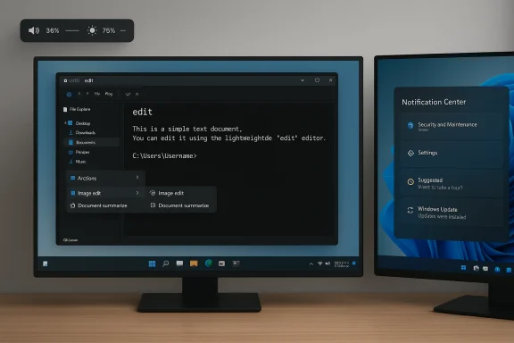 Dual-monitor desk setup with a dark text editor on the left and a Notification Center on the right.