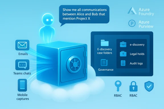 Blue infographic of a secure vault and cloud governance tools for e-discovery and data protection.