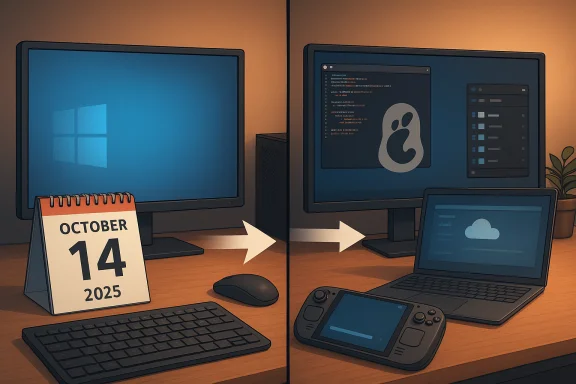 Split desk setup: Windows PC on the left, laptop and handheld console on the right.