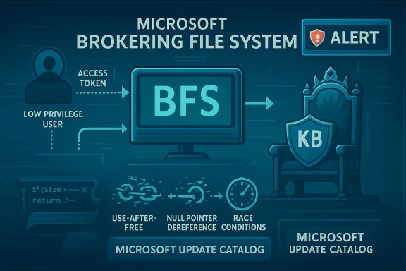 Infographic of Microsoft Brokering File System (BFS) showing access tokens, low-privilege users, threats, and update catalog.