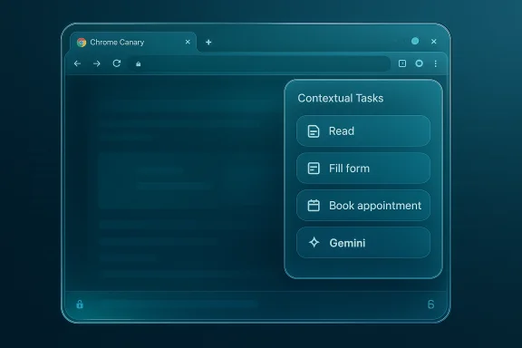 Teal neon Chrome Canary window with a floating Contextual Tasks panel: Read, Fill form, Book appointment, Gemini.
