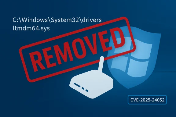 Windows wallpaper with a large red REMOVED stamp over a system32 driver file and CVE-2025-24052.