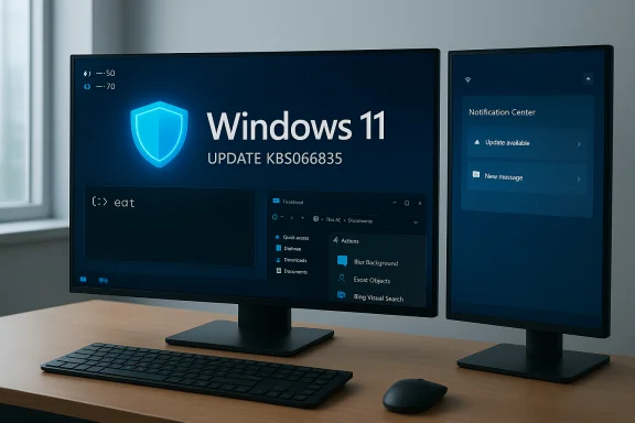 Windows 11 update screen with shield icon on a dual-monitor desk setup.