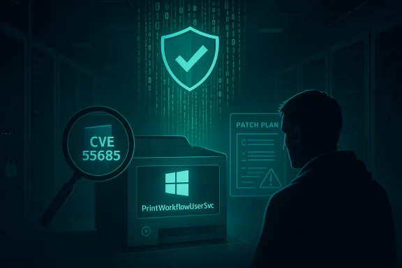 Security analyst inspects a Windows print server for CVE 55685 in a data center.