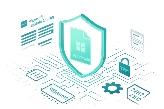 A glowing shield icon featuring the Windows recovery image winre.wim.