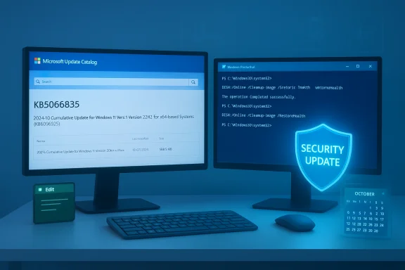 Two screens show a Microsoft Update Catalog page and a security update shield on a blue-lit desk.