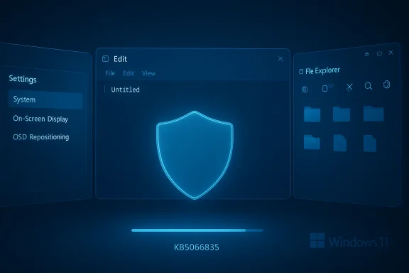 Blue Windows 11 security UI with a glowing shield centerpiece and floating panels.