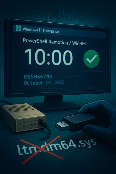 Windows 11 Enterprise on a monitor shows PowerShell Remoting; a hand plugs in a USB drive while ltm64.sys is crossed out.