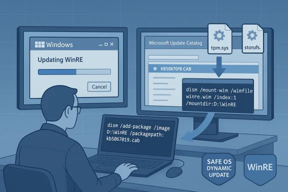 Tech updates Windows WinRE using DISM to install a CAB update.