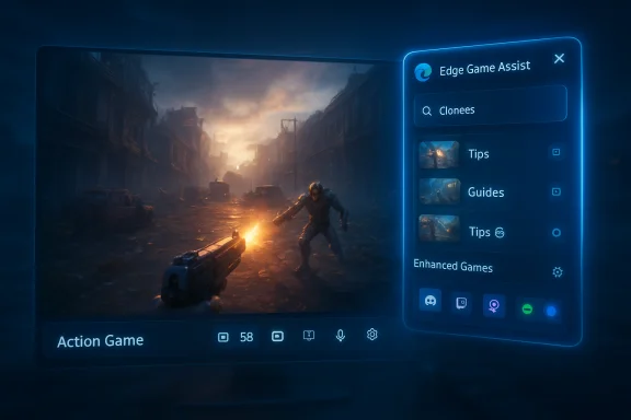 A neon-edged Edge Game Assist HUD overlays a ruined-city battle scene.