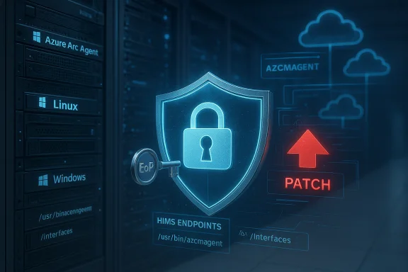 Glowing shield with a lock and key over server racks, symbolizing patching and cloud/endpoint security.
