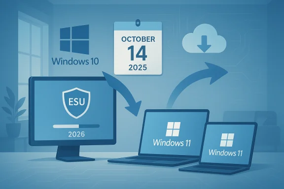 Blue illustration of Windows 10 and Windows 11 devices with ESU banner and an October 14, 2025 calendar.