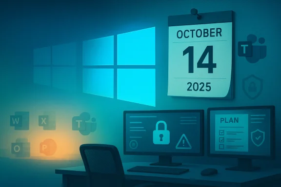 Windows-branded office with a large October 14, 2025 calendar and dual monitors displaying security icons.