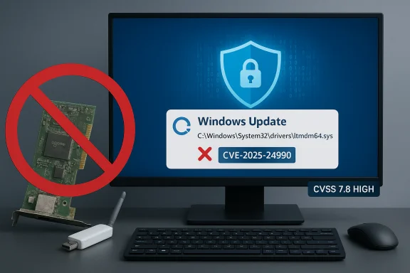 PC monitor shows a Windows Update alert for CVE-2025-24990 with a red 'no' symbol over a PCIe card.
