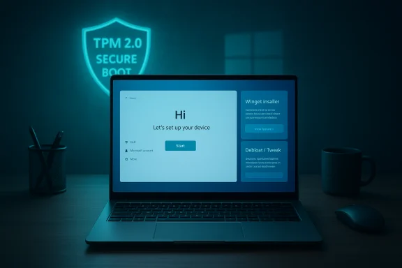 Laptop on a desk displaying Windows setup UI, with a neon TPM 2.0 Secure Boot shield in the background. Laptop on a desk displaying Windows setup UI, with a neon TPM 2.0 Secure Boot shield in the background.