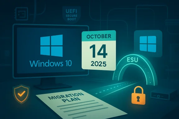 Windows 10 migration plan dated October 14, 2025, with security icons.