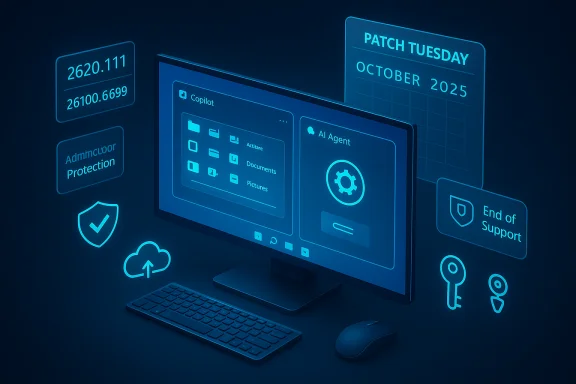 Blue holographic computer setup with an AI dashboard and security icons.