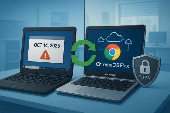 Two laptops show an Oct 14, 2025 warning, transitioning to ChromeOS Flex with Titan security.