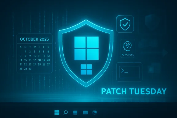 Blue neon Windows shield graphic announcing Patch Tuesday with an October 2025 calendar.