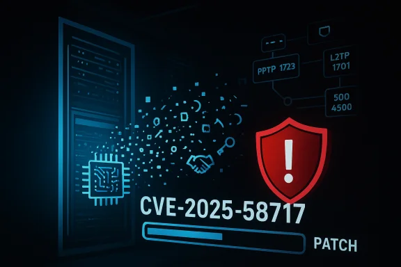 Digital security scene showing CVE-2025-58717 patch with a red warning shield.