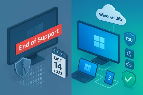 Split illustration showing 'End of Support' on the left and Windows 365 cloud with ESU on the right.