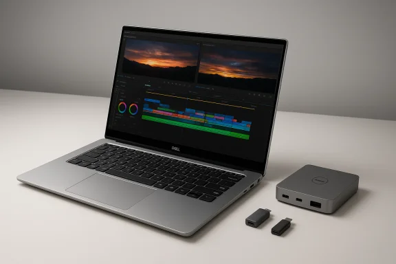 Silver Dell laptop showing a video-editing timeline, beside a compact Dell dock and adapters. Silver Dell laptop showing a video-editing timeline, beside a compact Dell dock and adapters.