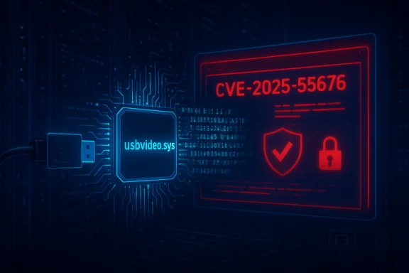 Blue cyber-scene with a USB drive, 'usbvideo.sys' chip, and a red CVE-2025-55676 warning panel.