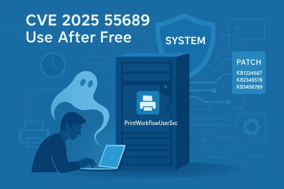 Blue tech illustration of CVE-2025-55689 Use After Free with a server and patch list.